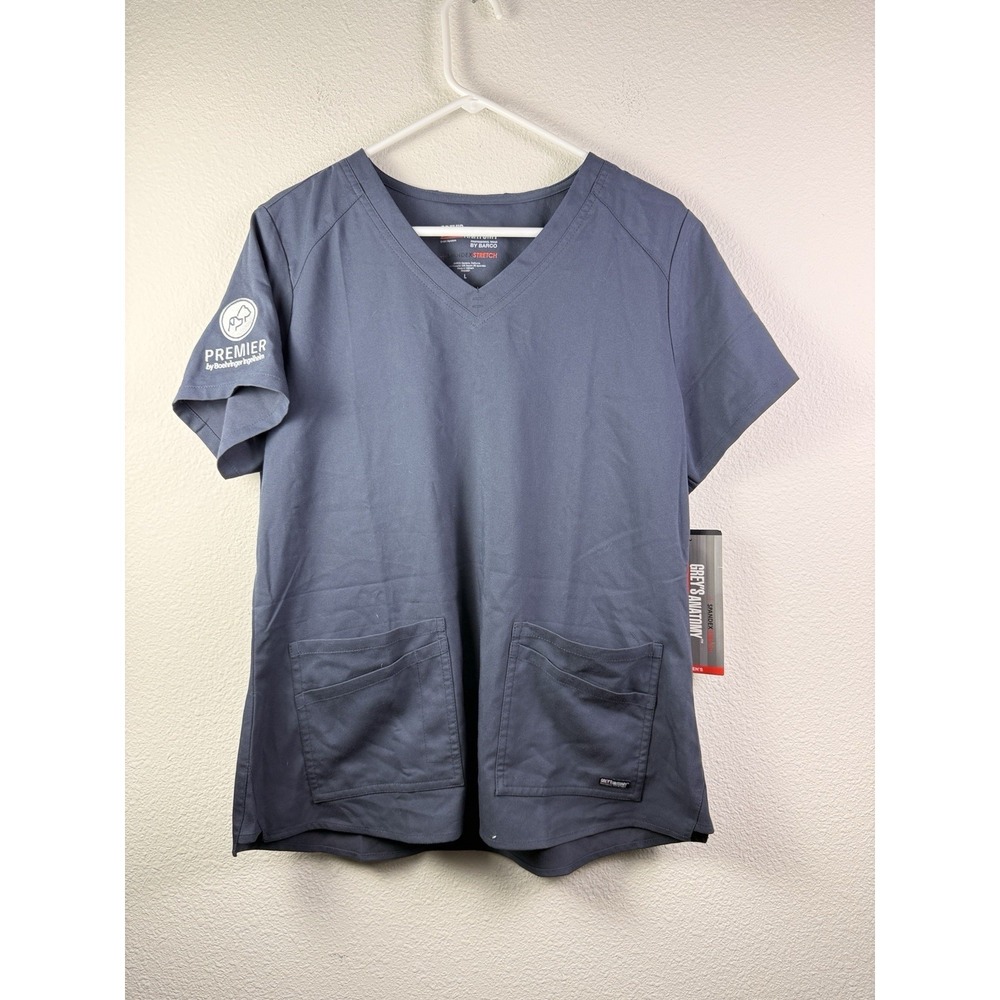 NWT Grey's Anatomy by Barco sz L Scrub Top Gray Spandex Stretch V-Neck 2 Pocket